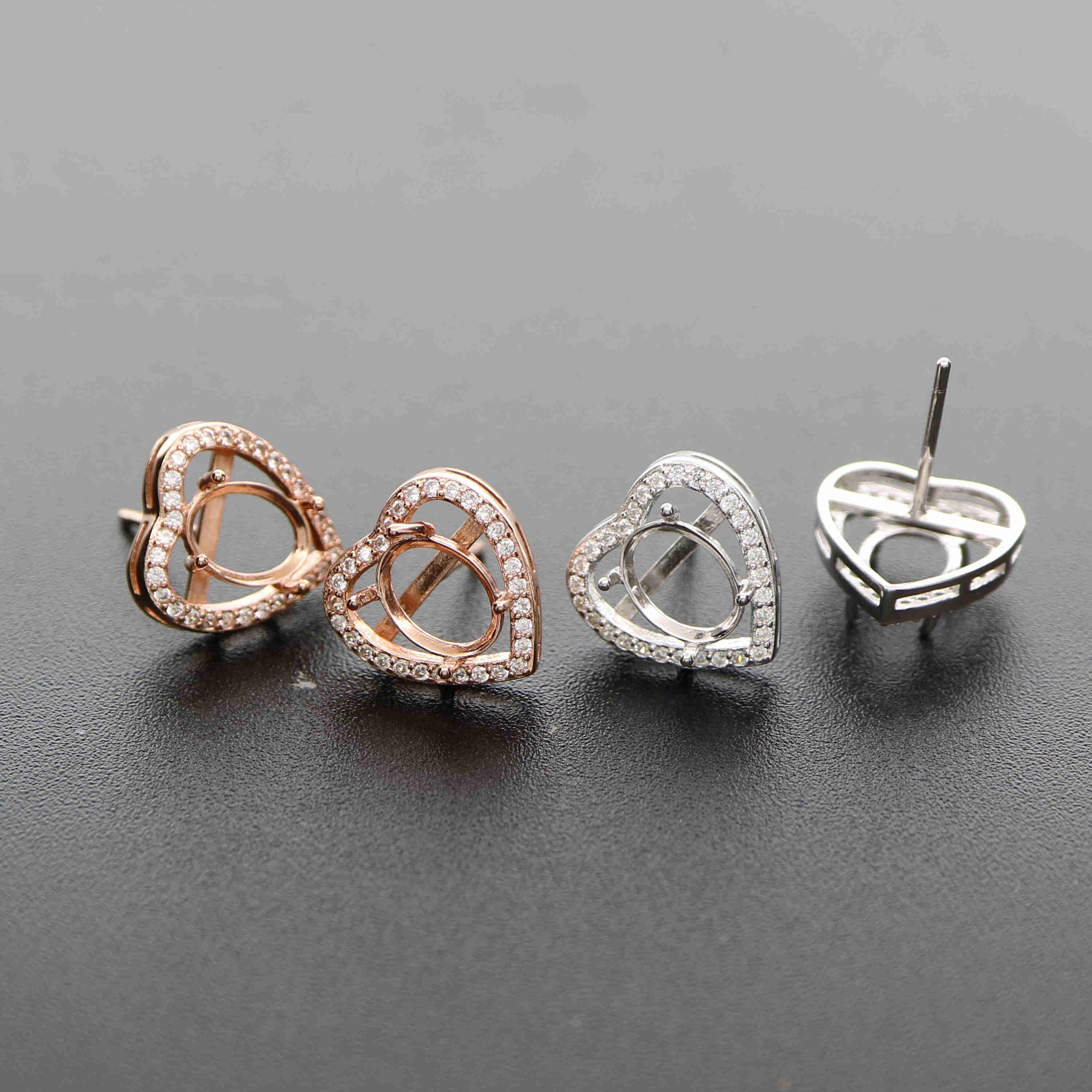 1Pair Multiple Sizes Oval Solid 925 Sterling Silver Rose Gold Tone DIY Heart Prong Studs Earrings Settings Bezel With Cubic Zirconia 1706024 - Click Image to Close
